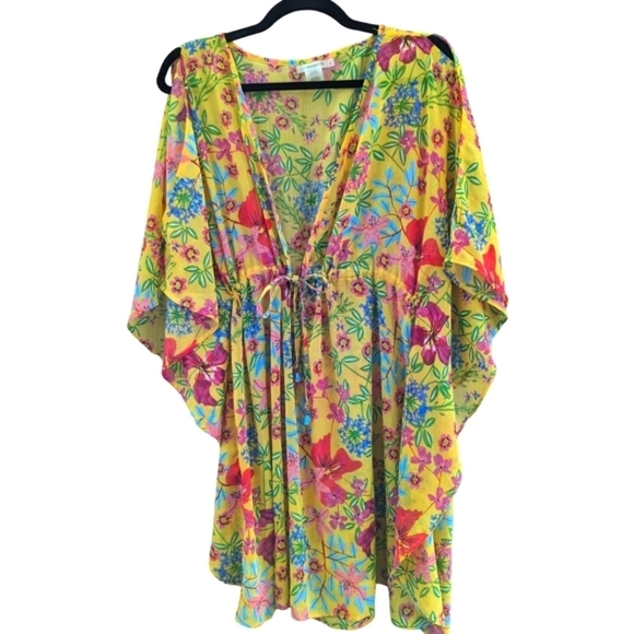 BLEU by Rod Beattie Multi-color Tropical Floral print kimono Size Large EUC - Picture 1 of 3